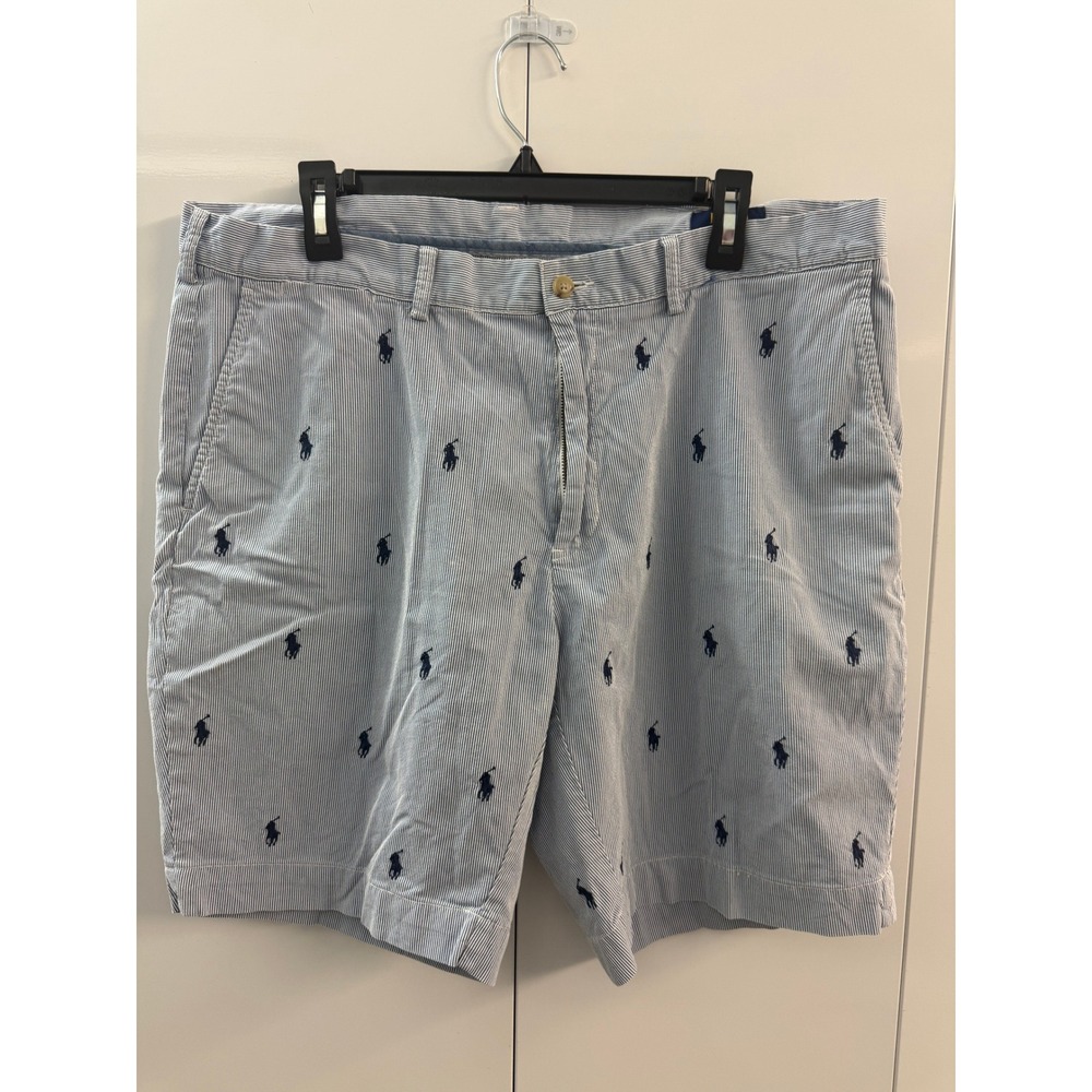 Polo Ralph Lauren Mens 38 Seersucker Embroidered Pony Shorts Blue White Stripe